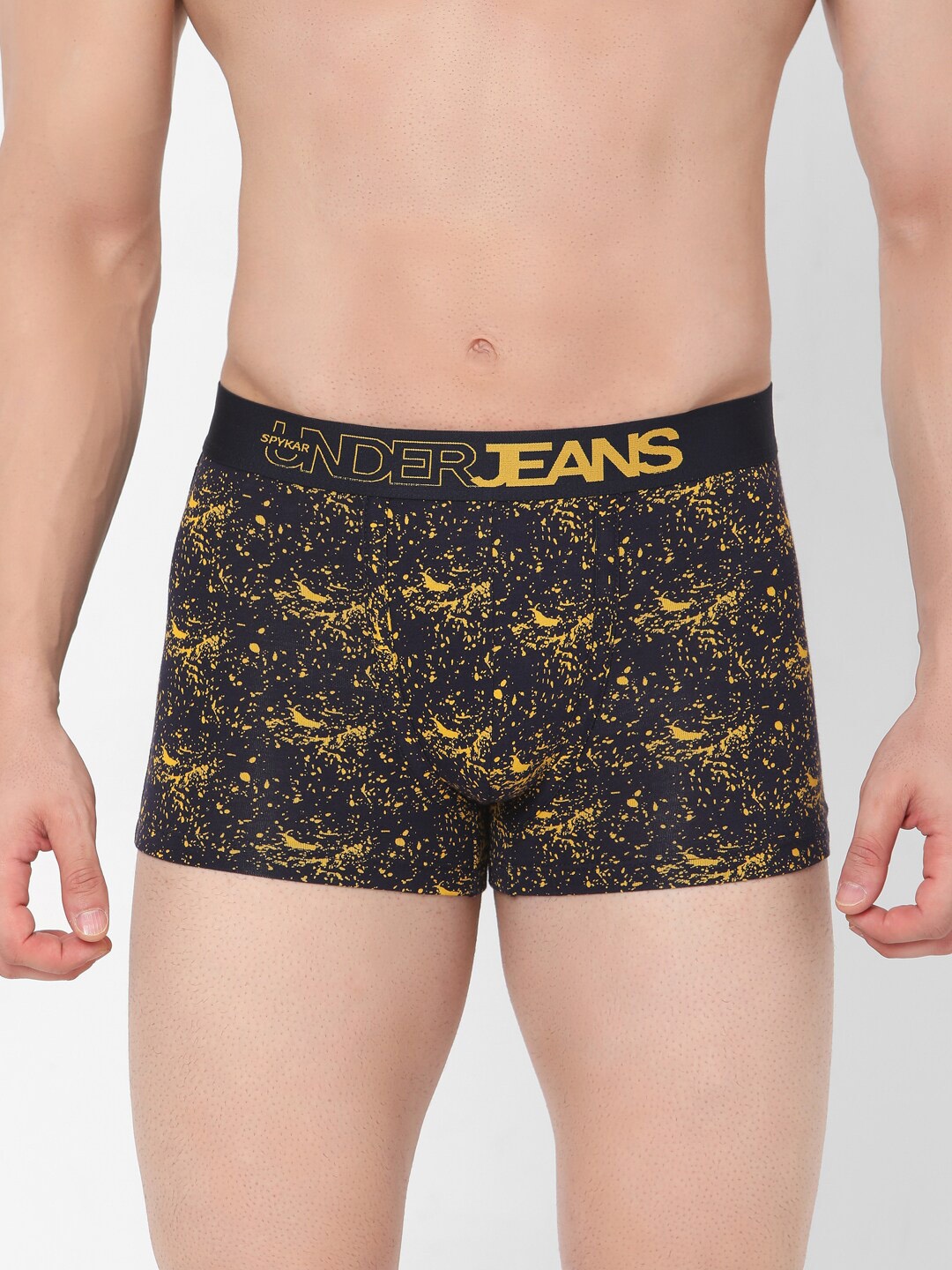 

UnderJeans by Spykar Men Navy Blue & Yellow Printed Short Cotton Trunks UJMTRPTS020Navy