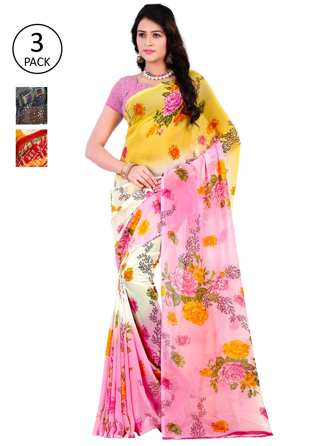 

KALINI Pack of 3 Poly Georgette Sarees, Pink