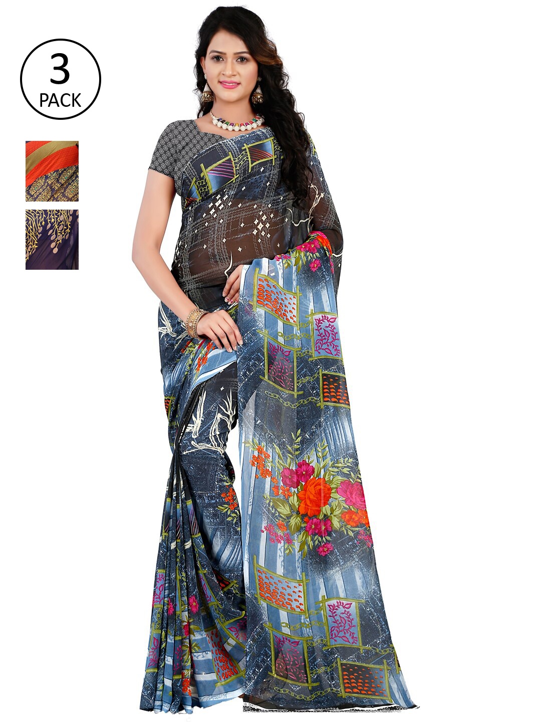 

ANAND SAREES Pack of 3 Poly Georgette Saree, Blue