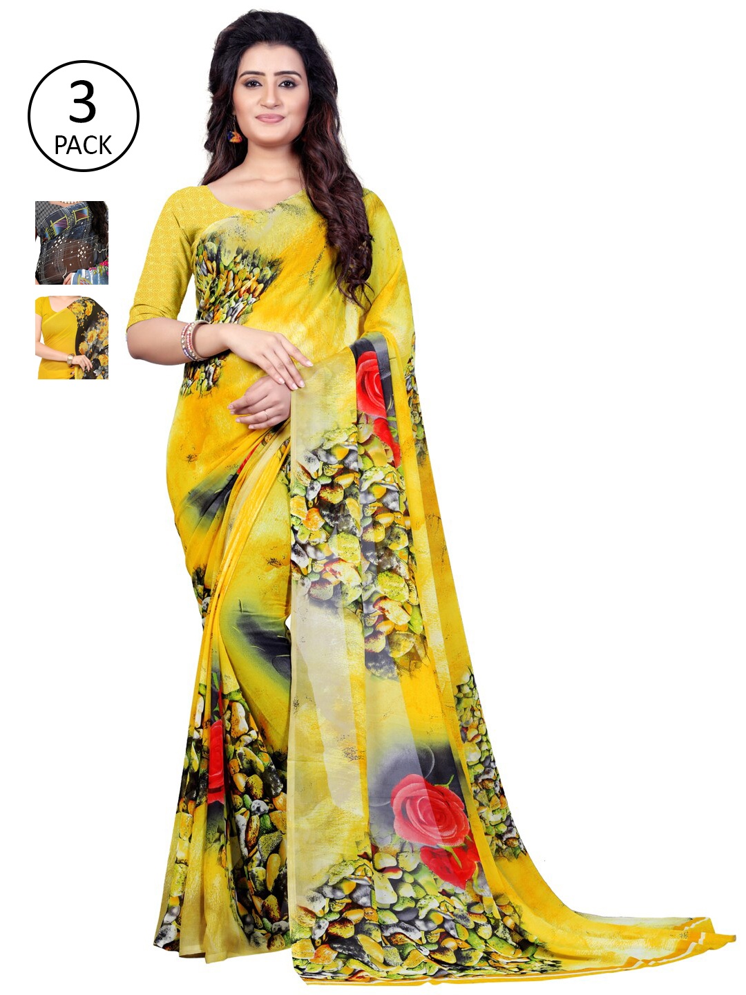ANAND SAREES Pack of 3 Poly Georgette Saree, Yellow