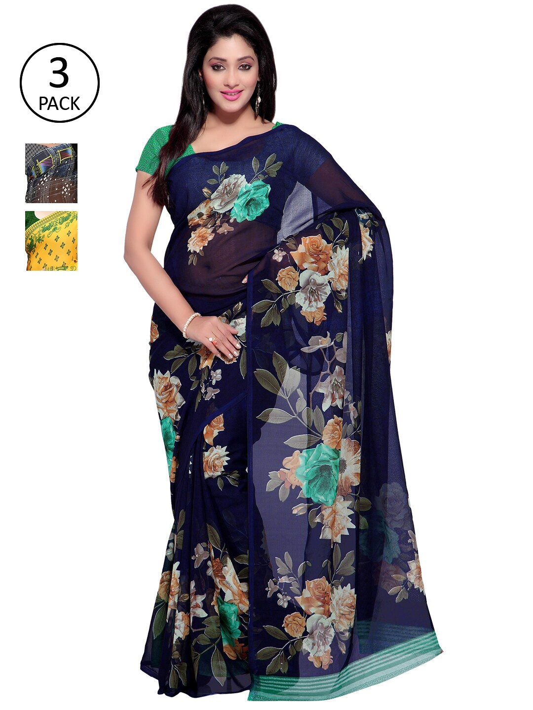 ANAND SAREES Pack of 3 Poly Georgette Saree, Yellow