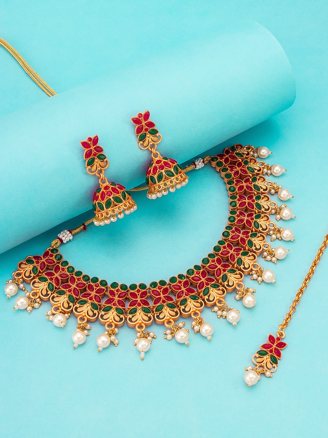 

aadita Gold-Plated Red & Green Stone-Studded Pearl Beaded Temple Jewellery Set