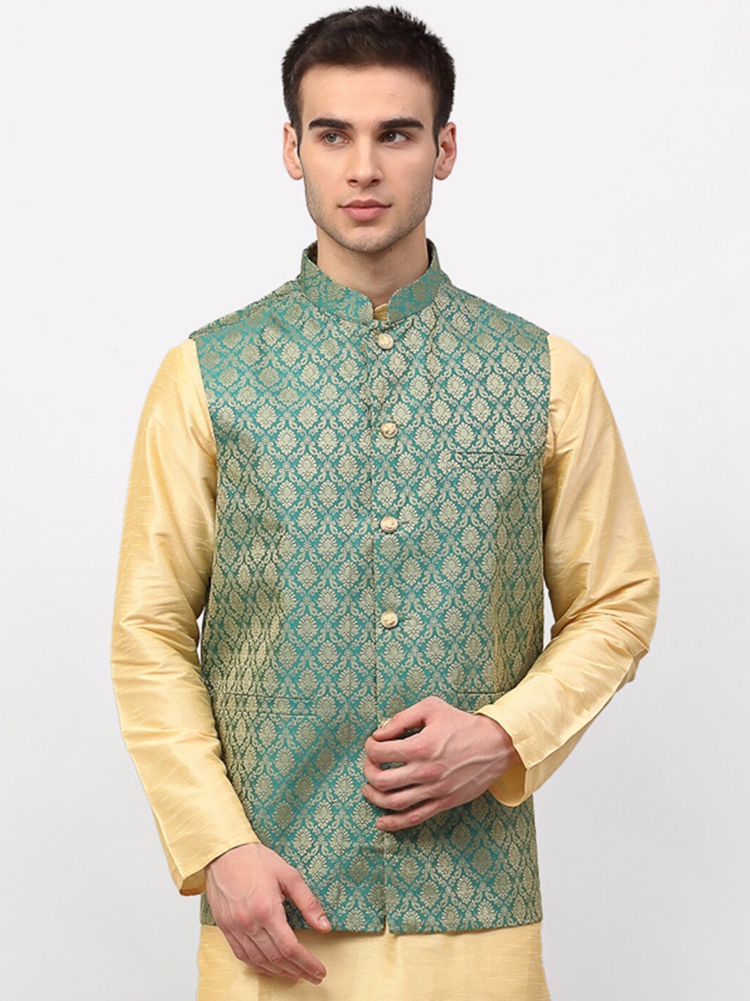 

Jompers Men Green Woven Design Nehru Jacket