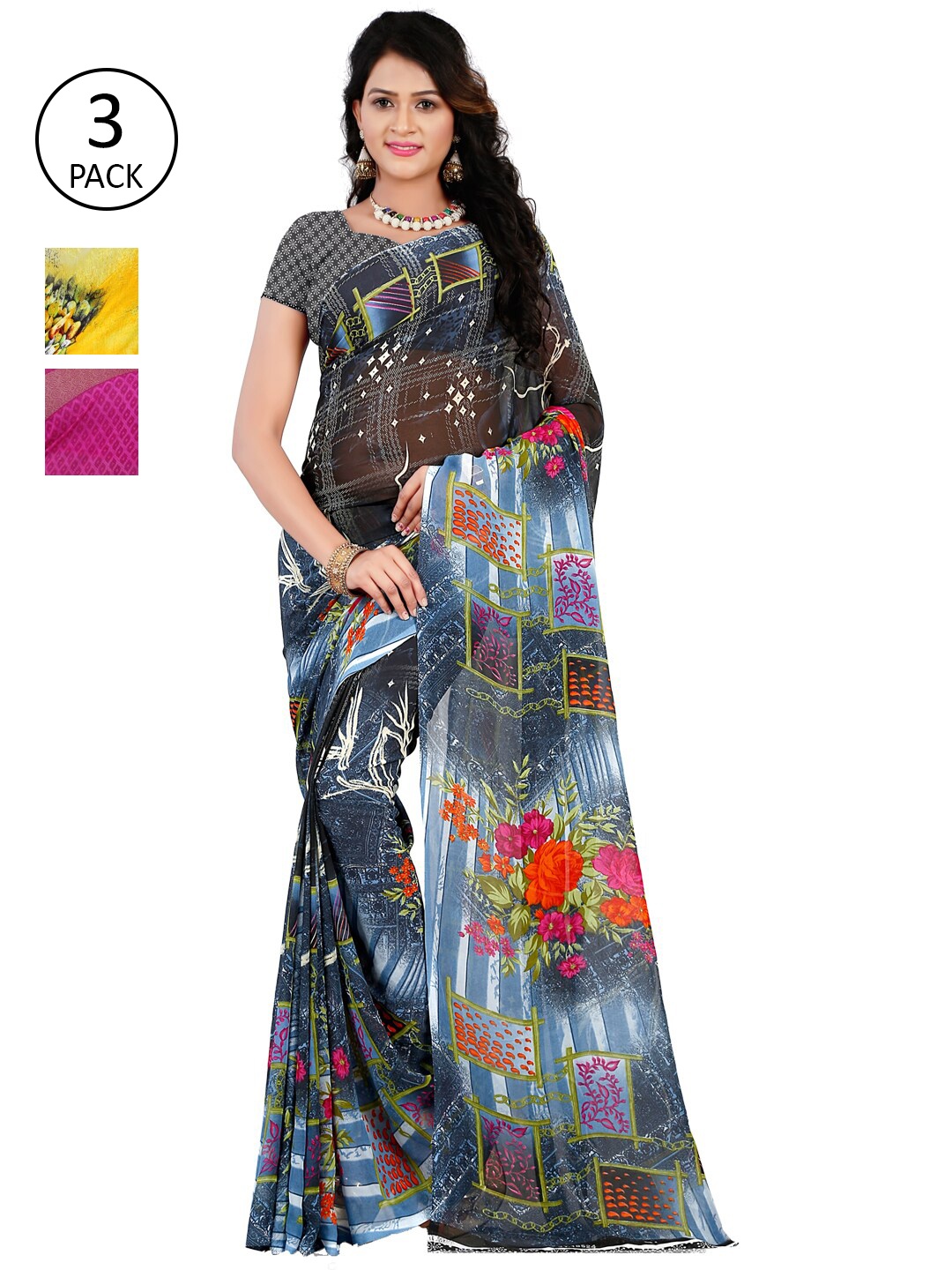 

ANAND SAREES Pack Of 3 Blue & Yellow Floral Sarees