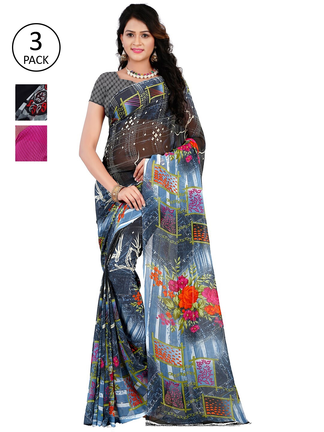 ANAND SAREES Pack of 3 Printed Poly Georgette Saree, Multi