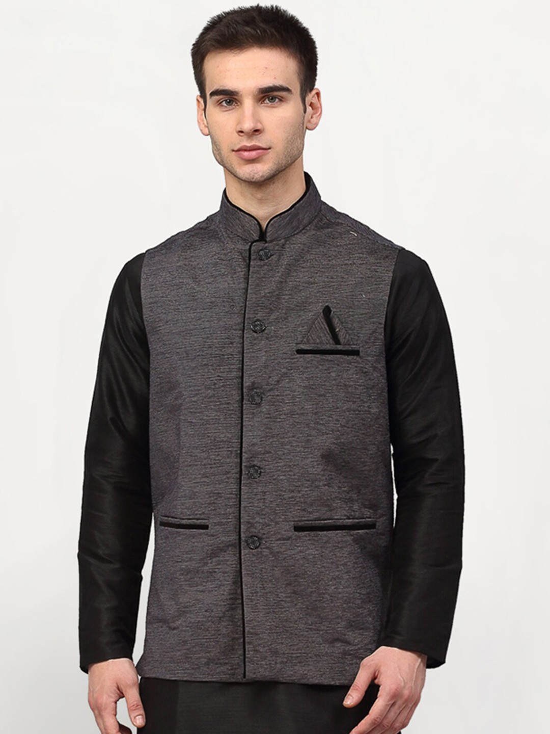 

Jompers Men Grey Woven-Design Nehru Jacket