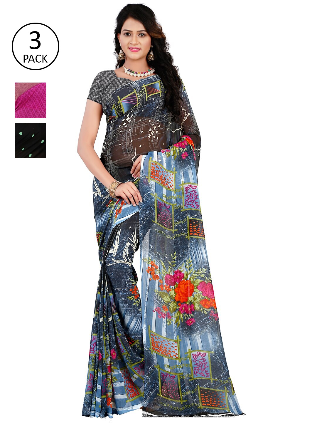 

ANAND SAREES Pack Of 3 Poly Georgette Sarees, Blue