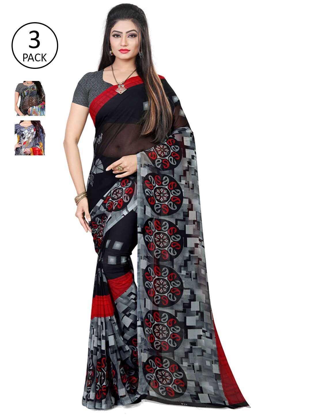 

ANAND SAREES Pack Of 3 Black & Grey Floral Saree
