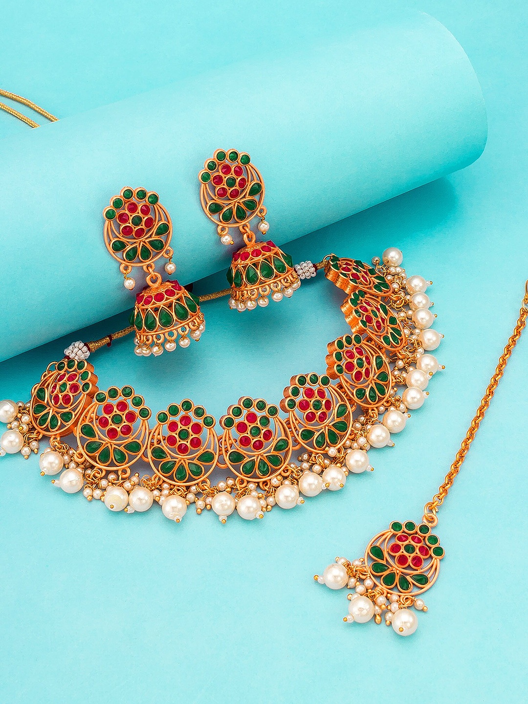 

aadita Gold-Plated Red & Green Stone-Studded Pearl Beaded Temple Jewellery Set