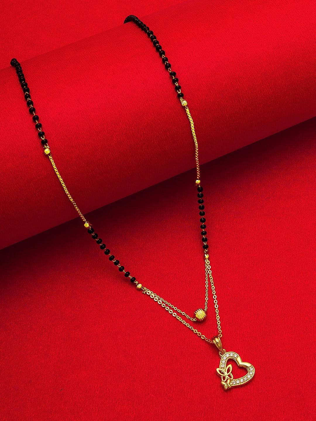 

aadita Gold-Plated Black Beaded & White AD-Studded Mangalsutra