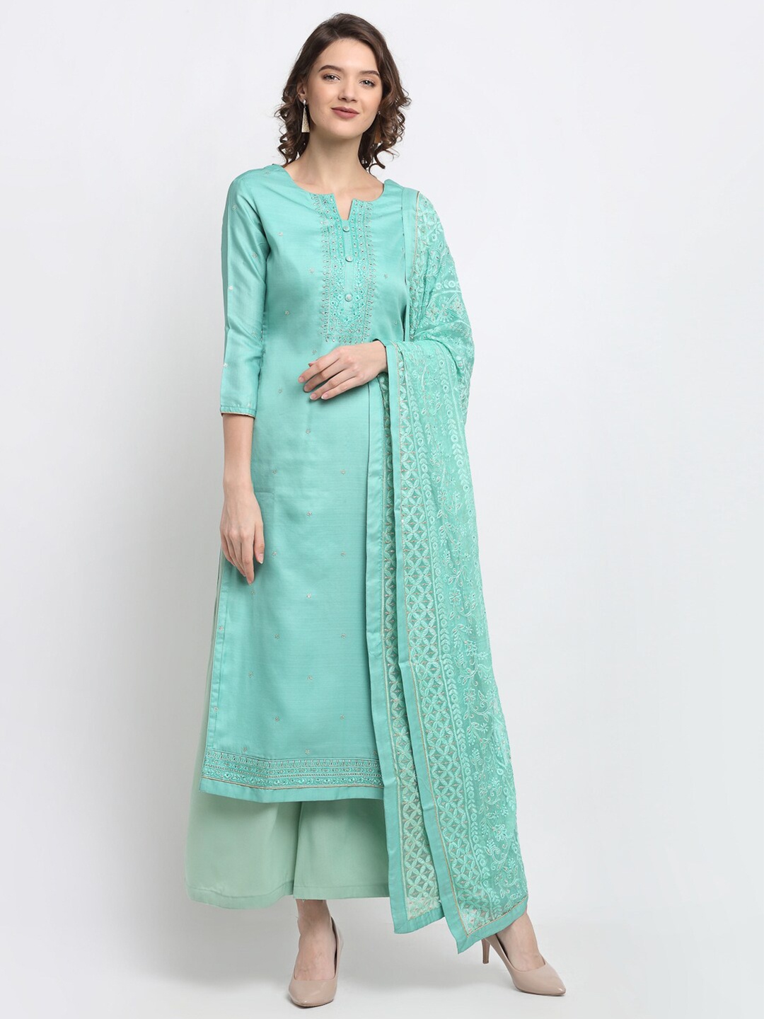 

Stylee LIFESTYLE Teal Embroidered Pure Silk Unstitched Dress Material