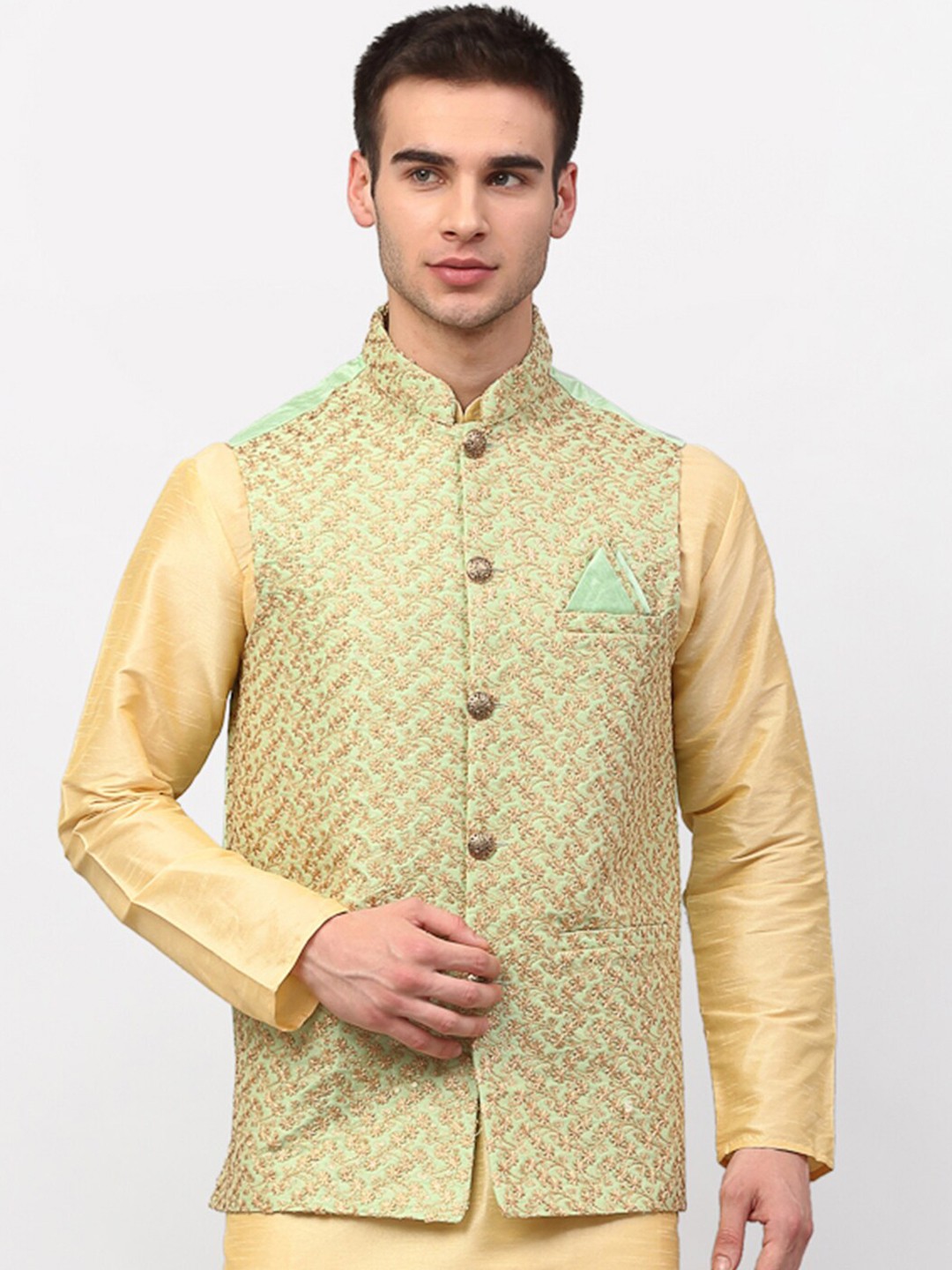 

Jompers Men Green Embroidered Nehru Jacket, Turquoise blue