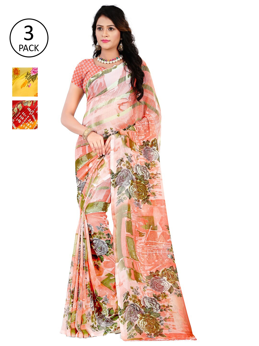 

KALINI Pack Of 3 Pink & Orange Poly Georgette Floral Saree