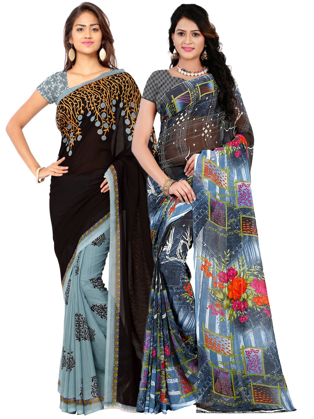 

ANAND SAREES Pack Of 3 Poly Georgette Floral Sarees, Grey