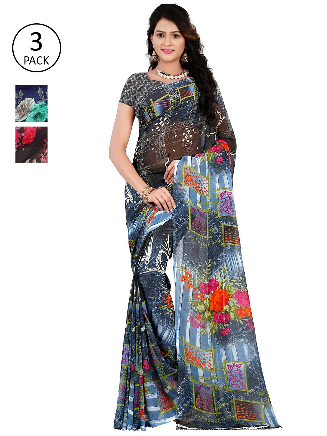 ANAND SAREES Pack Of 3 Grey & Navy Blue Floral Sarees