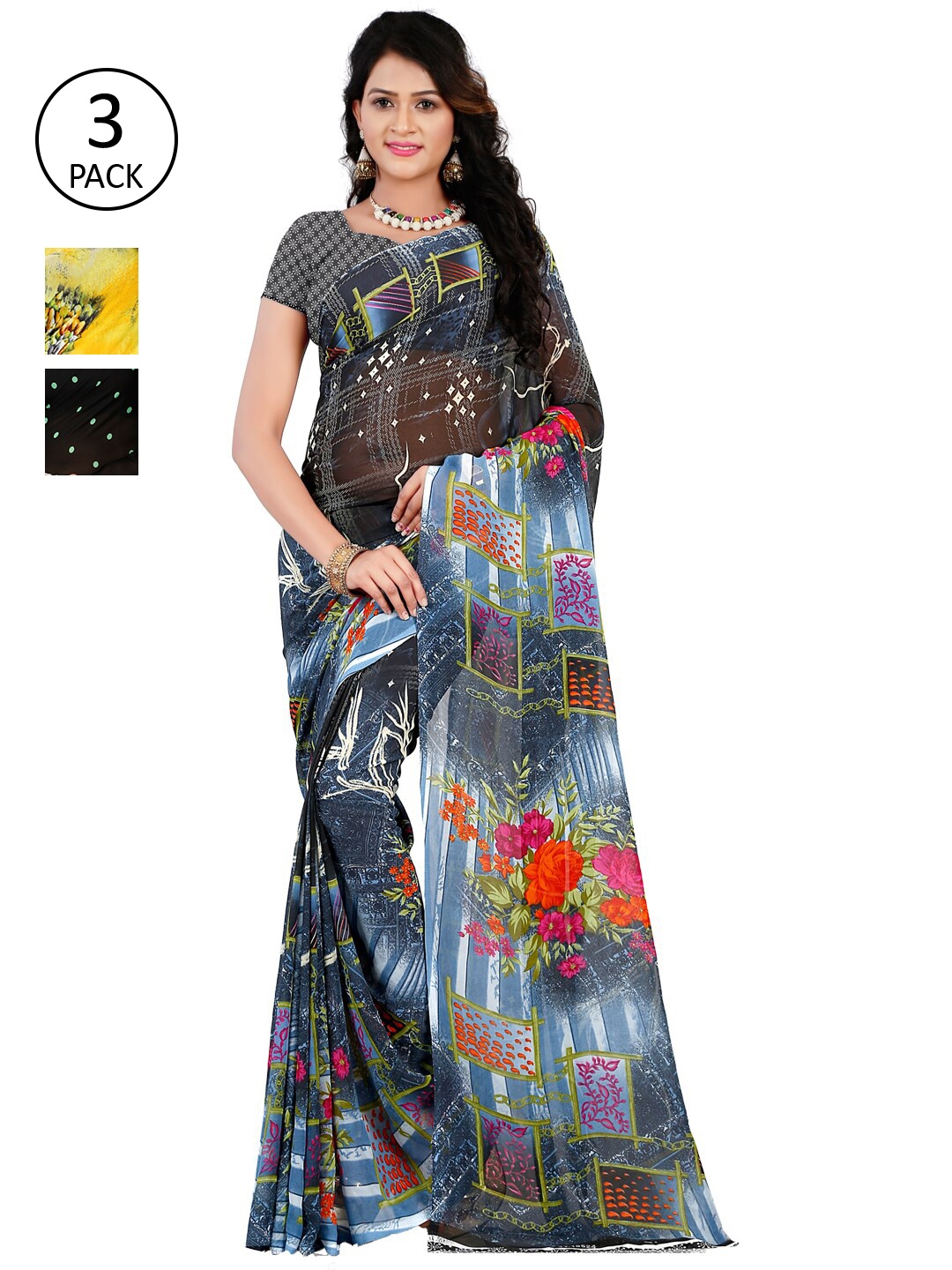 

ANAND SAREES Pack Of 3 Poly Georgette Sarees, Yellow