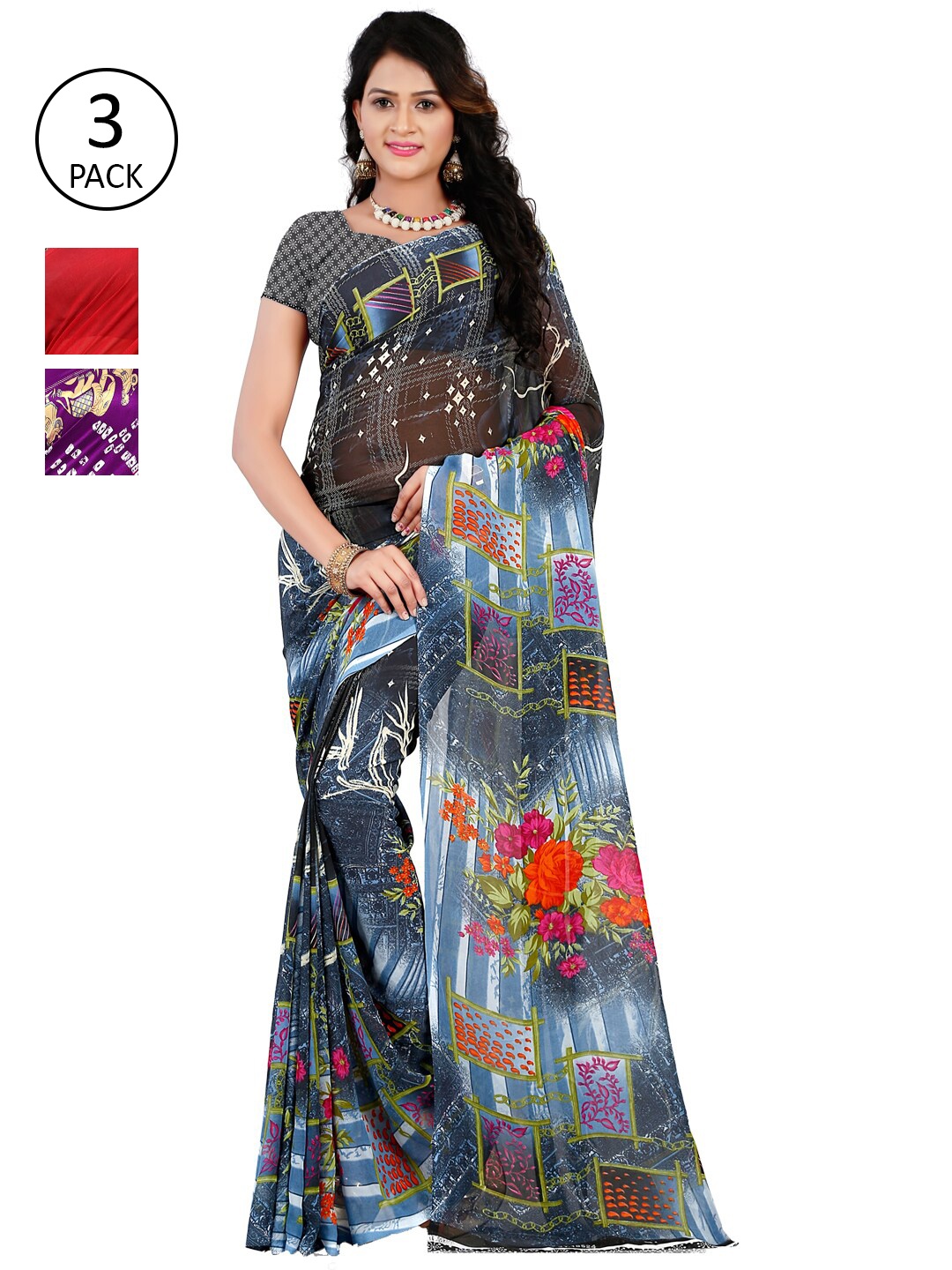 

KALINI Pack of 3 Printed Poly Georgette Saree, Multi