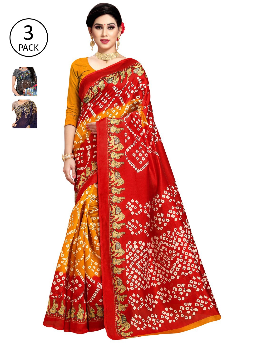 

KALINI Pack Of 3 Poly Georgette Sarees, Red
