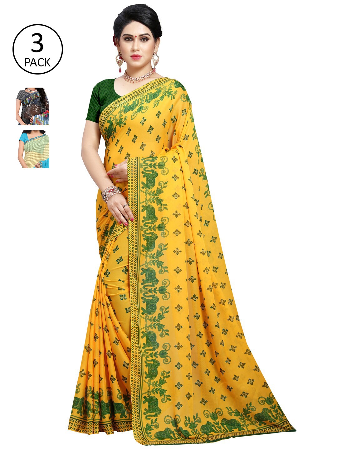 

ANAND SAREES Pack Of 3 Poly Georgette Sarees, Yellow