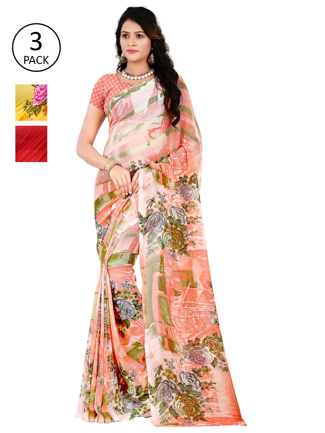 

ANAND SAREES Pack Of 3 Yellow & White Poly Georgette Floral Saree