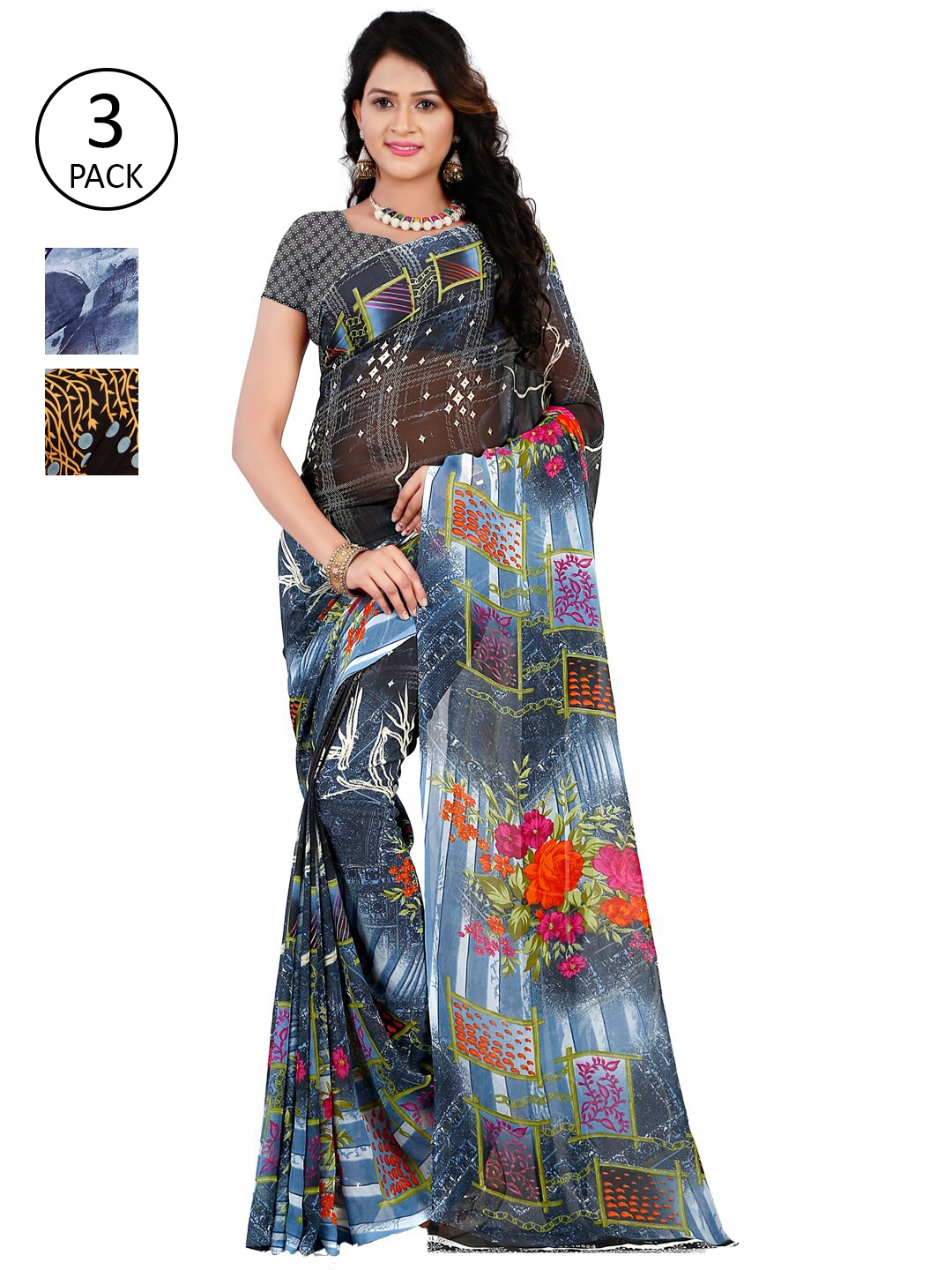ANAND SAREES Pack Of 3 Grey & Black Floral Sarees
