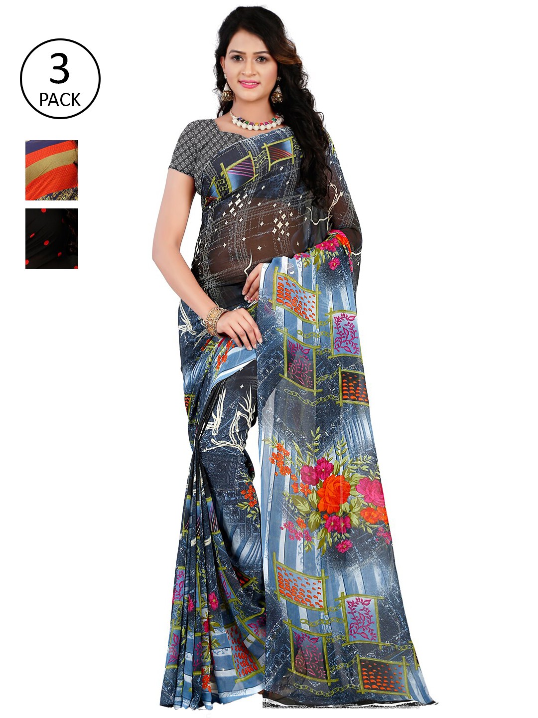 

ANAND SAREES Pack Of 3 Poly Georgette Sarees, Grey