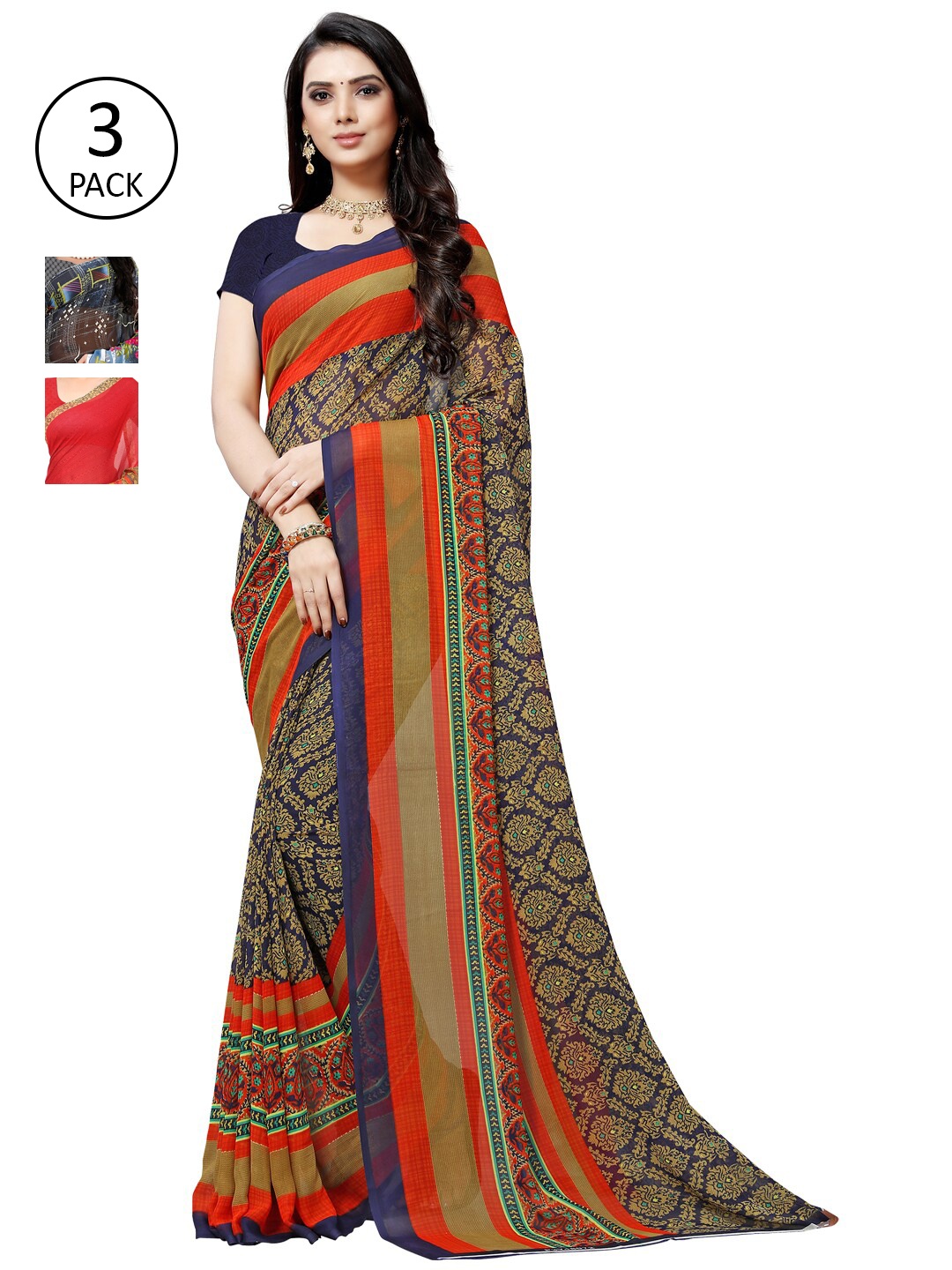 

ANAND SAREES Pack Of 3 Poly Georgette Sarees, Grey