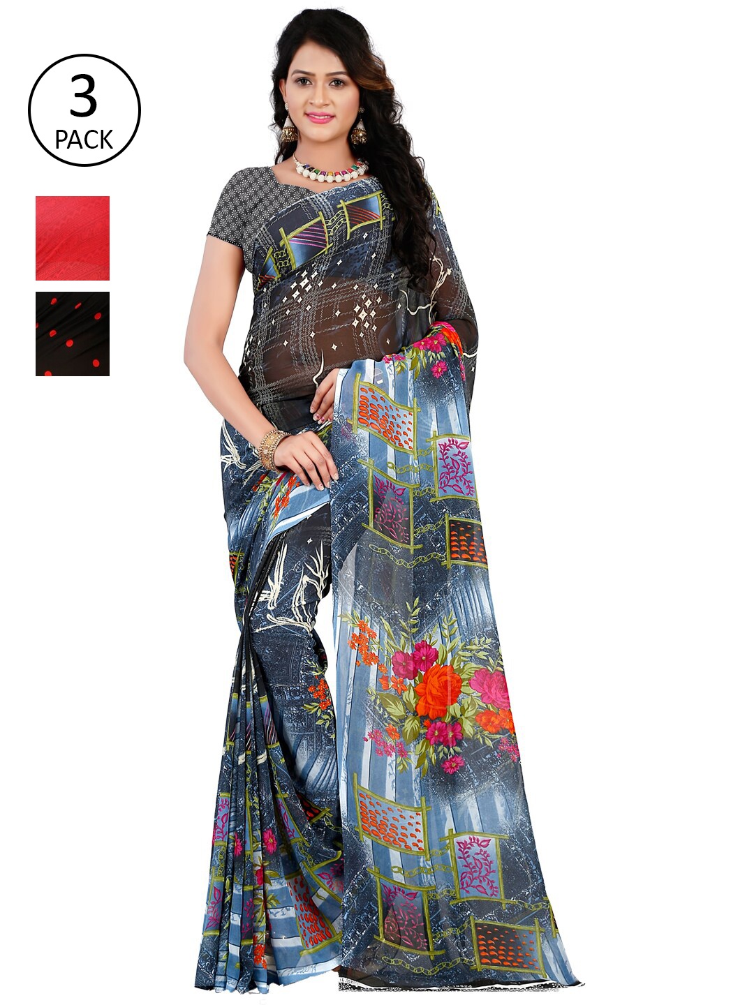 ANAND SAREES Pack of 3 Printed Poly Georgette Saree, Multi