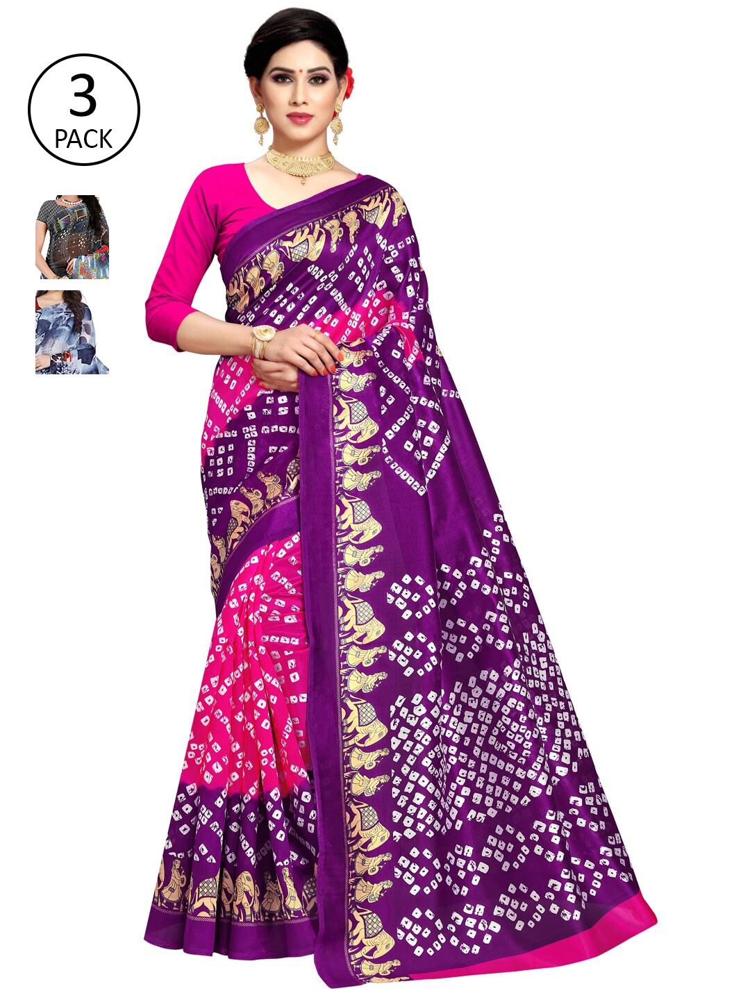 

KALINI Pack Of 3 Poly Georgette Sarees, Grey
