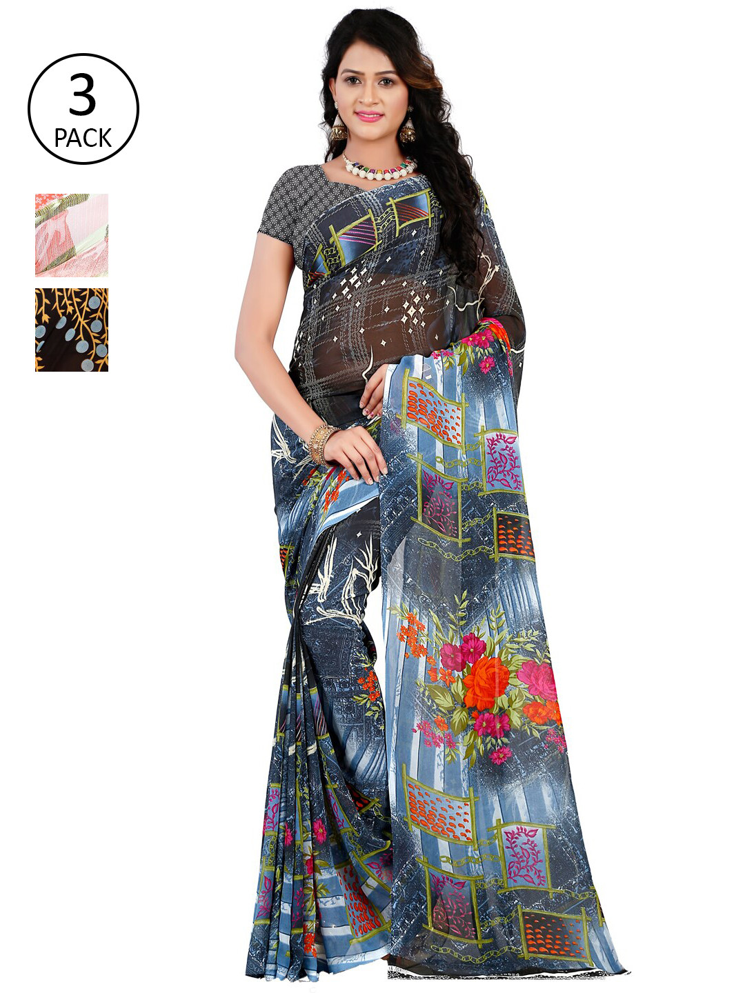 

ANAND SAREES Pack of 3 Poly Georgette Sarees, Blue