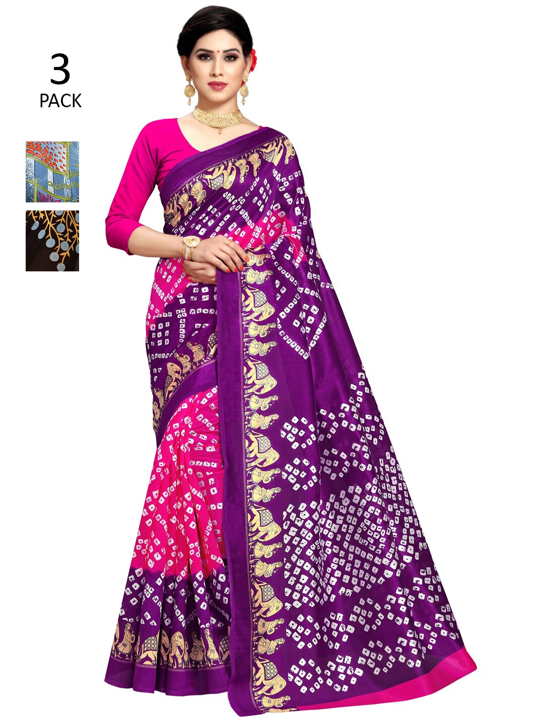 

KALINI Pack Of 3 Pink & Grey Floral Sarees