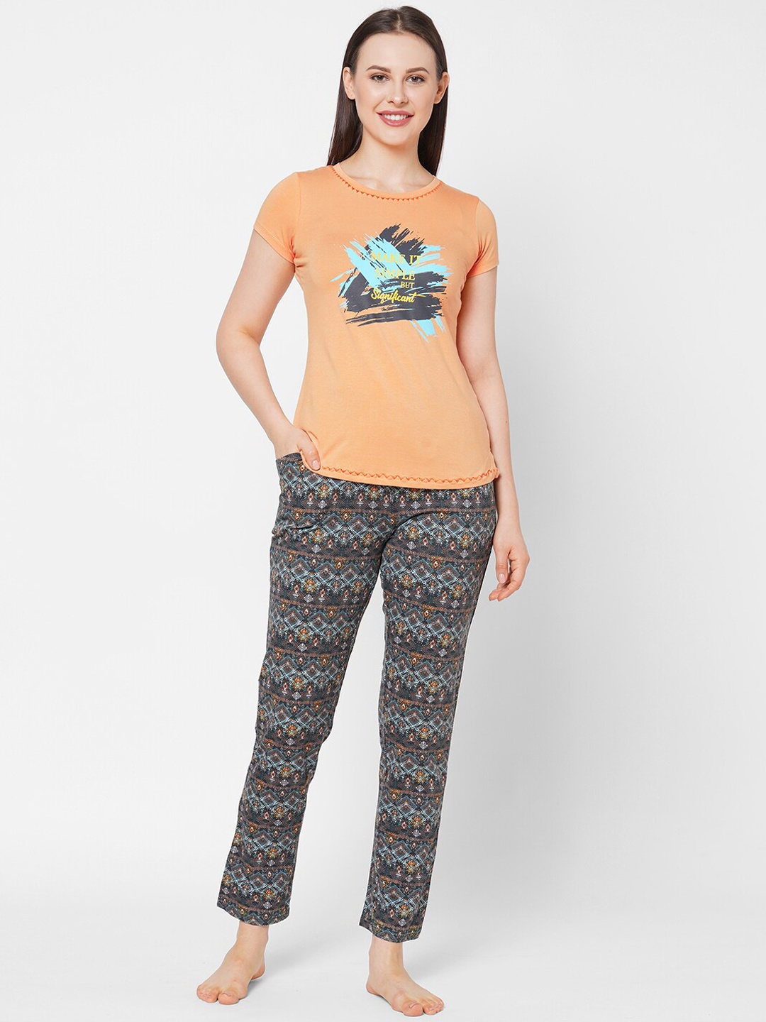 

Sweet Dreams Women Orange & Charcoal Grey Printed Night Suit