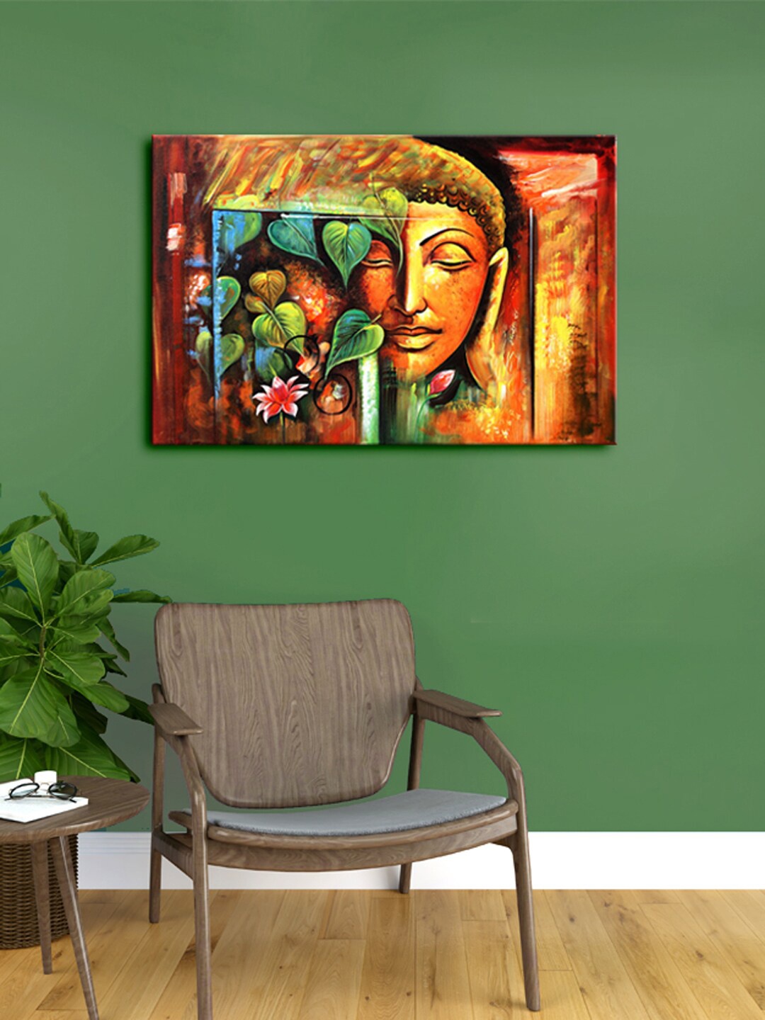 

999Store Brown & Yellow Budhha Face & Tree Art Framed Canvas Painting Wall Art