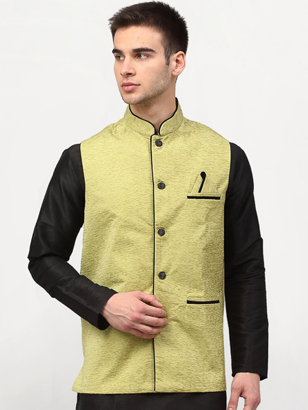 

Jompers Men Green Woven Design Nehru Jacket