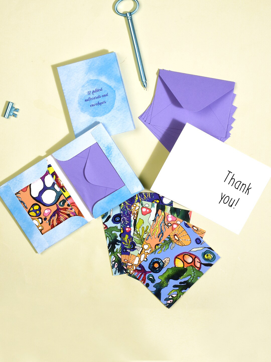 

Doodle Set Of 12 Blue & Green Printed Notecards With Envelops