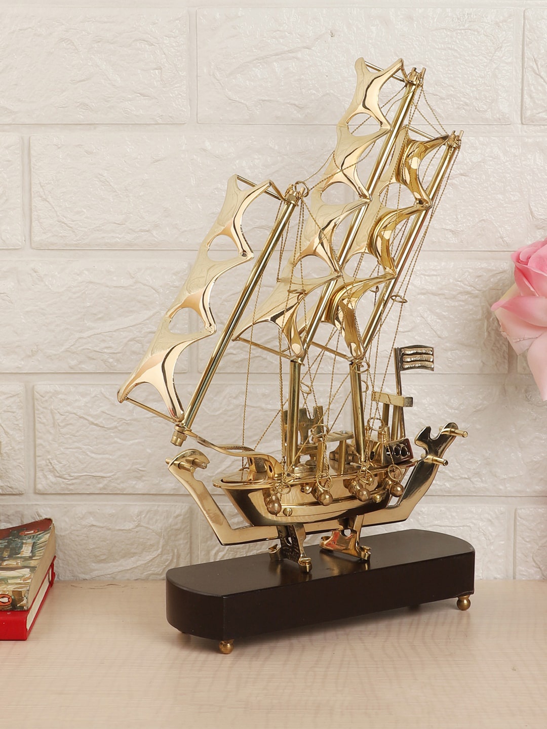 

EXIM DECOR Gold-Coloured Solid Casted Sailing Ship With Wooden Stand