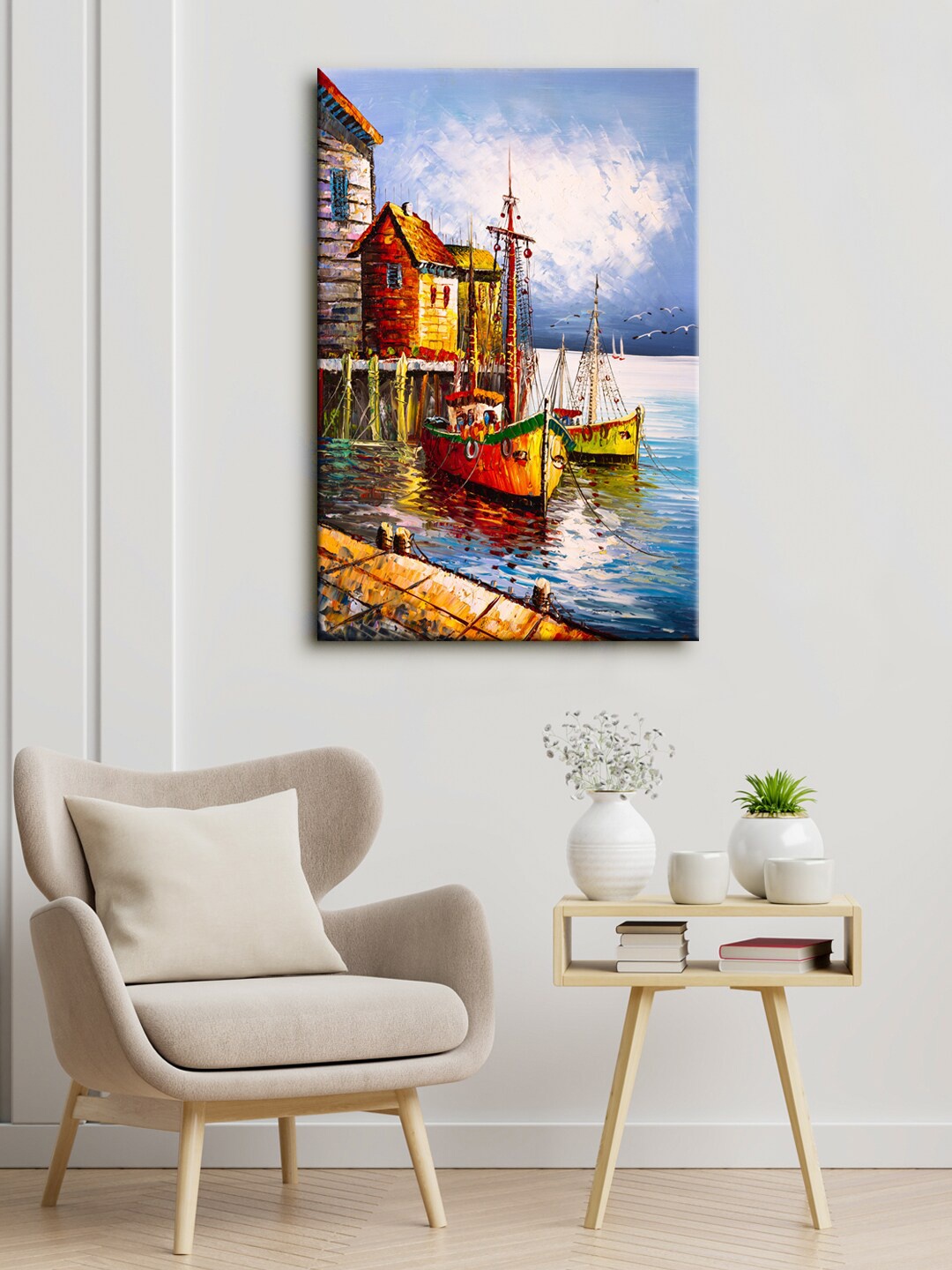 

999Store Blue & Orange Boat & House Canvas Painting Framed Wall Art