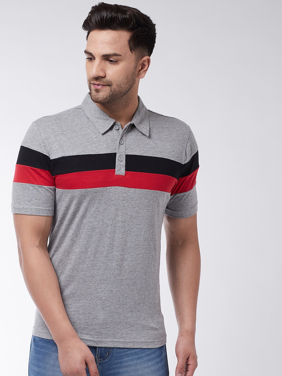

GRITSTONES Men Grey & Black Striped Polo Collar Cotton T-shirt