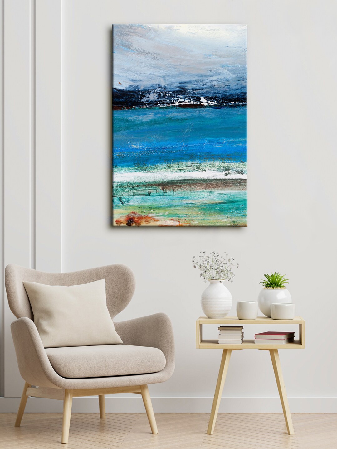 999Store Blue & White Ocean Abstract Canvas Painting Framed Wall Art