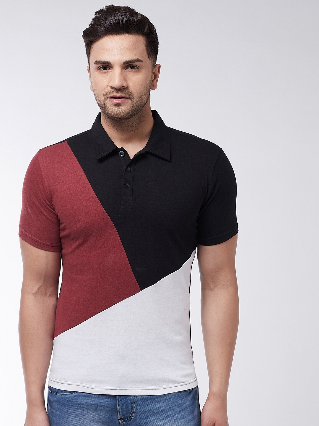 

GRITSTONES Men Black & Maroon Colourblocked Polo Collar T-shirt