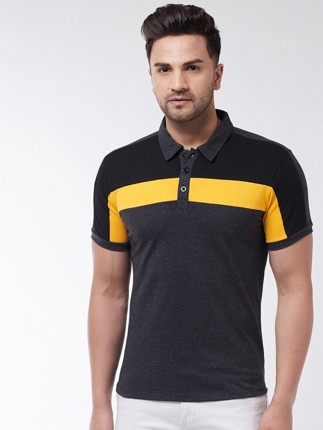 

GRITSTONES Men Black Colourblocked Polo Collar T-shirt