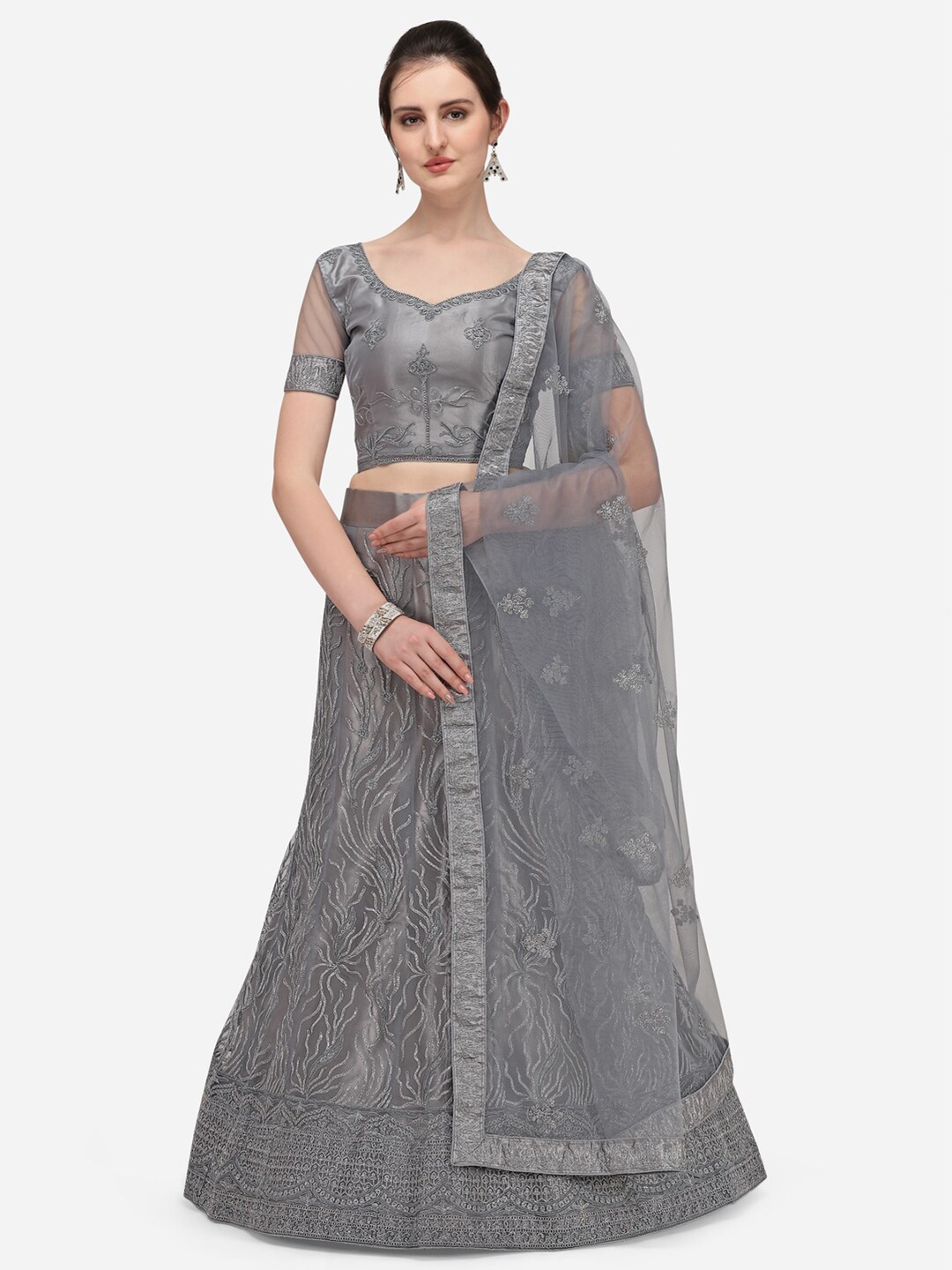 

Netram Women Grey Embroidered Semi-Stitched Party Lehenga & Blouse with Dupatta