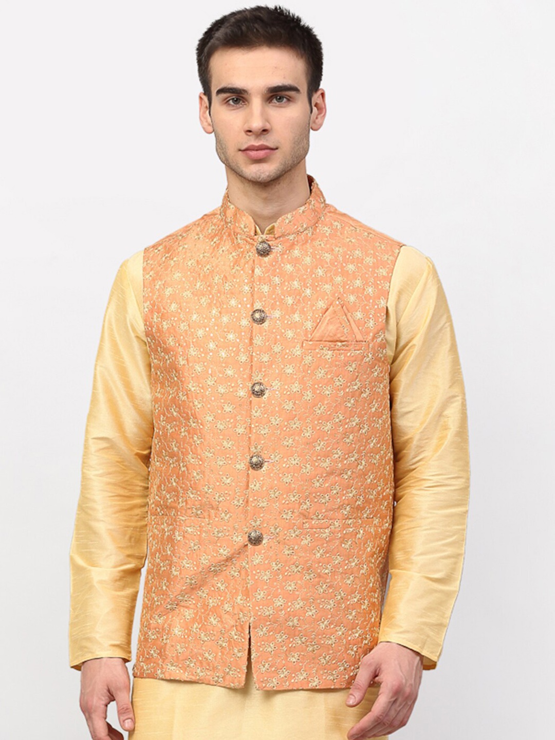 

Jompers Men Peach & Gold-Coloured Embroidered Nehru Jacket