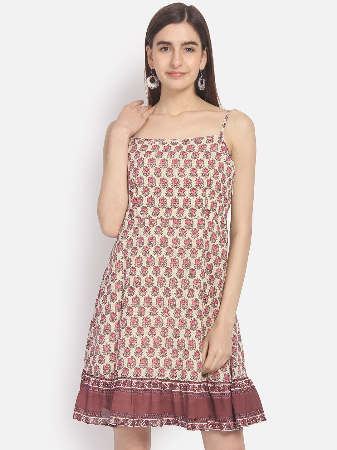 

Yaadleen Beige & Pink Floral Crepe A-Line Dress