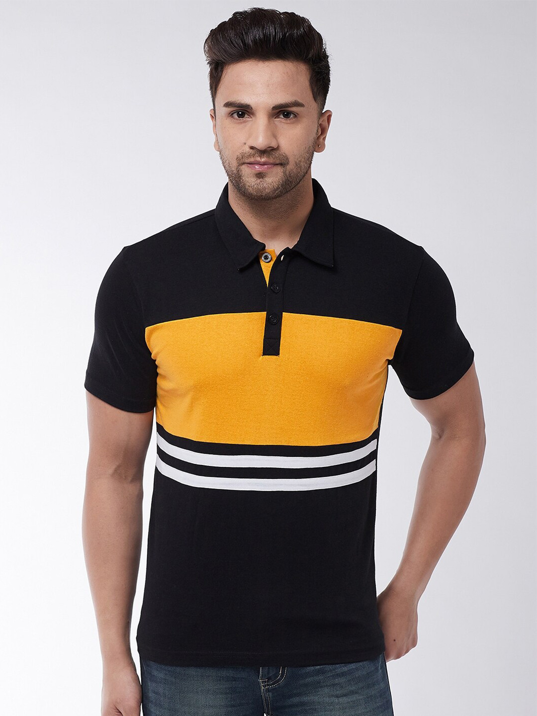 

GRITSTONES Men Black & Mustard Colourblocked Polo Collar T-shirt