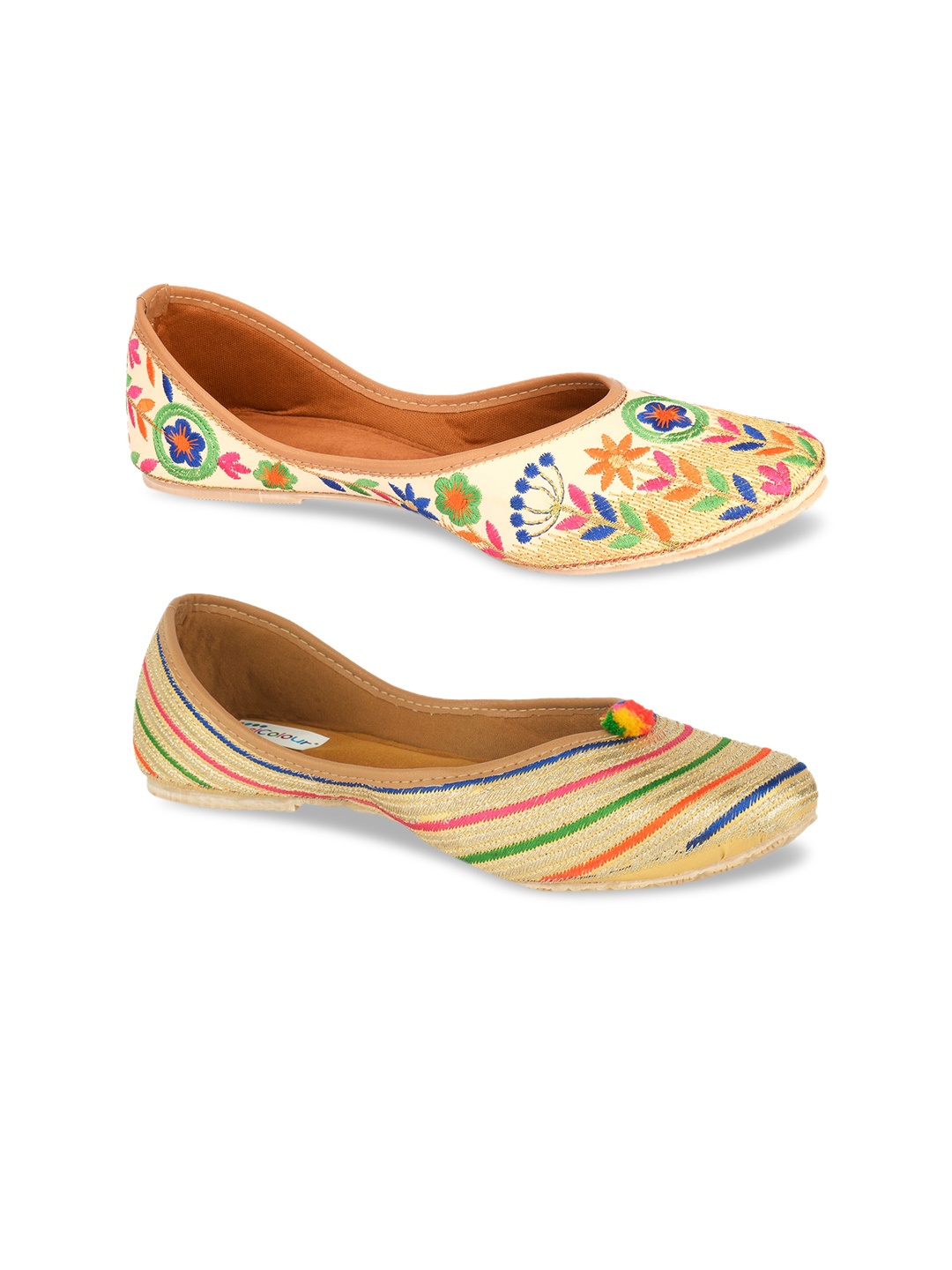 DESI COLOUR Women Multi Striped Mojaris with Embroidered Flats
