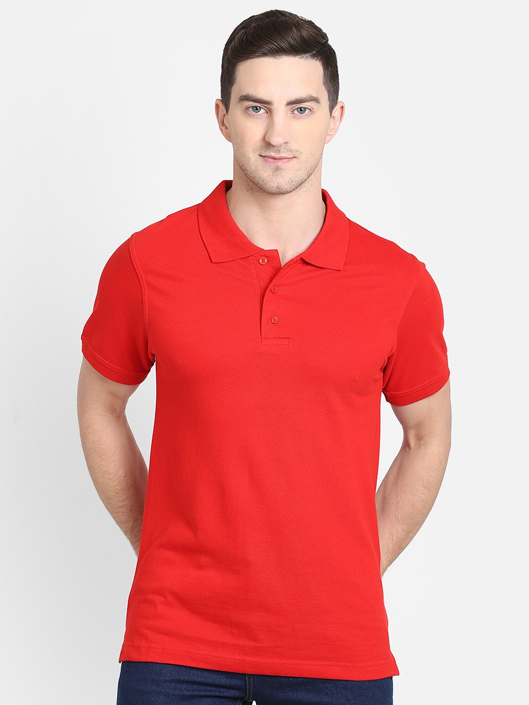 

OBOW Men Red Polo Collar Cotton Pure Cotton T-shirt