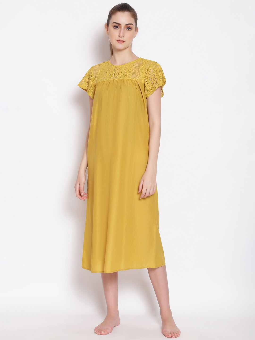 

Oxolloxo Women Mustard Yellow Solid Midi Nightdress