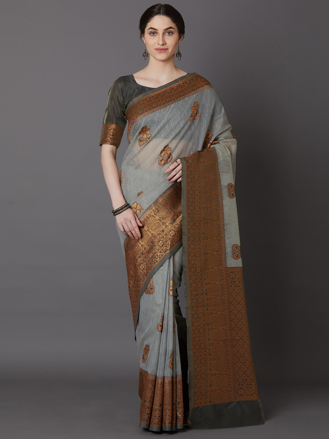 

Mitera Grey & Gold-Toned Floral Zari Silk Blend Saree