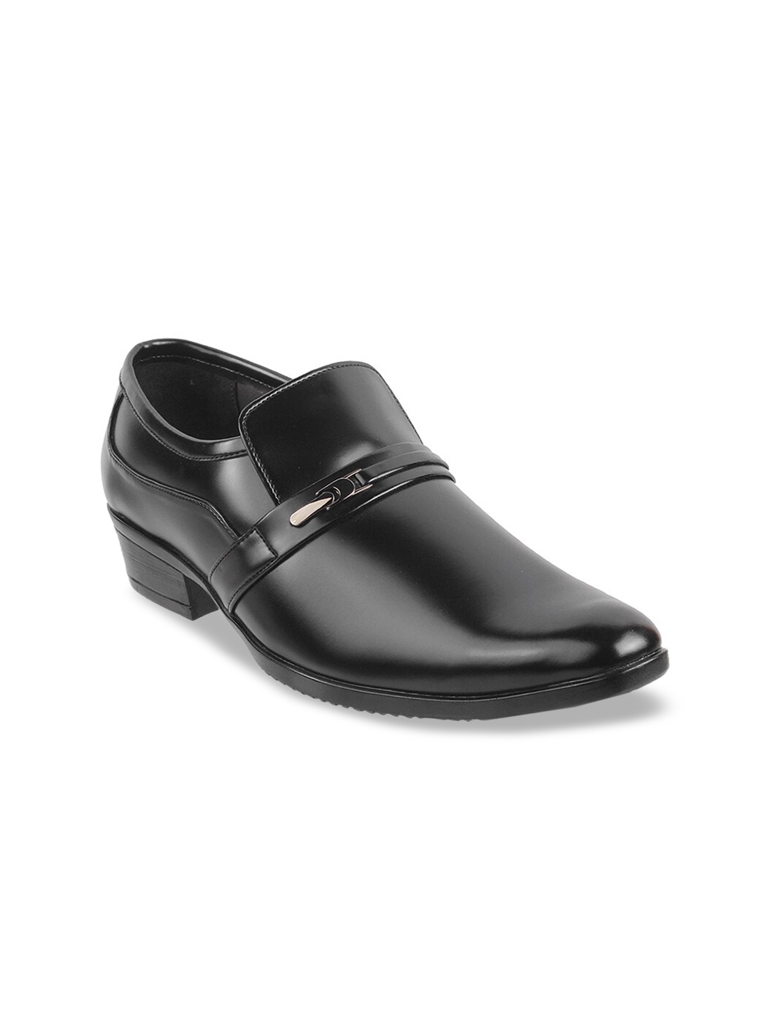 

Mochi Men Black Solid Leather Formal Slip-Ons